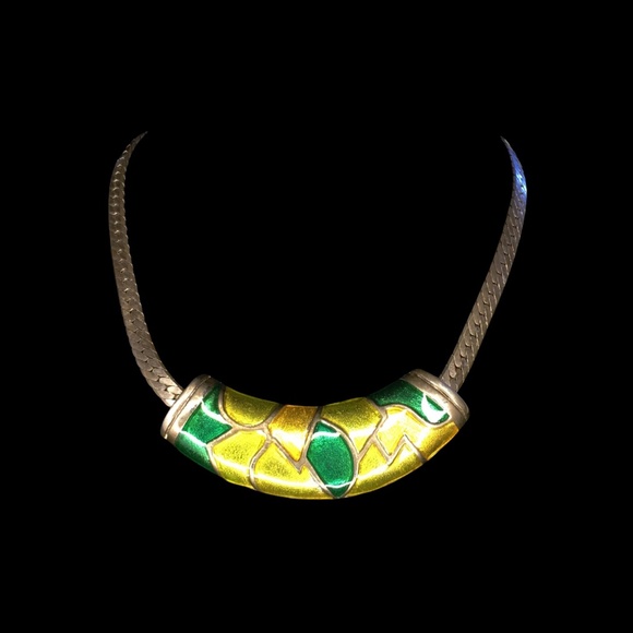 Vintage Yellow Green Enamel Gun Metal Herring Bone Chain Collar Bib Necklace - Picture 1 of 9